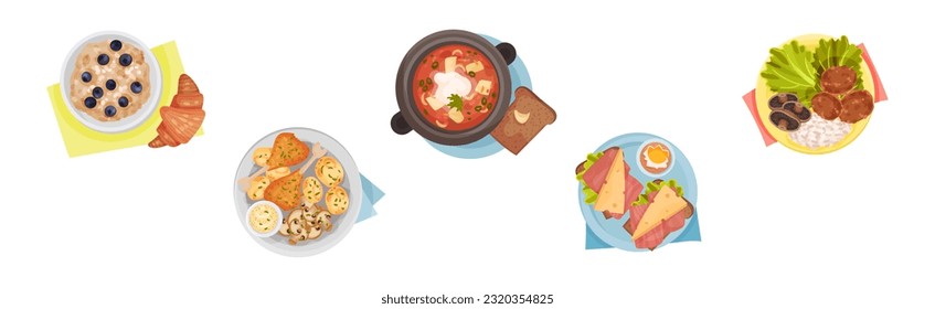 Served Dish on Plate with Porridge, Chicken, Soup, Sandwich and Rice Above View Vector Set