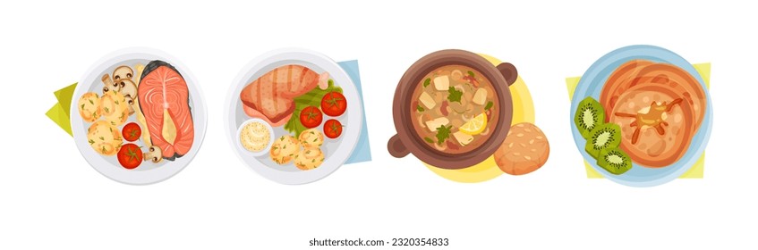 Plato servido en placa con Salmón, Pollo, Sopa y Crepes por encima de Ver Vector Set