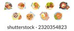 Served Dish on Plate with Waffle, Scrambled Egg, Pancakes, Salmon and Soup Above View Vector Set