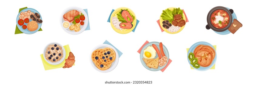 Served Dish on Plate with Waffle, Scrambled Egg, Pancakes, Salmon and Soup Above View Vector Set