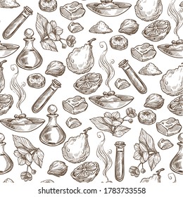 Served dishes and fruits, herbs and foliage seamless pattern. Cooking meal, organic ingredients for food. Lime or lemon, bottle with oil and herbs. Monochrome sketch outline, vector in flat style