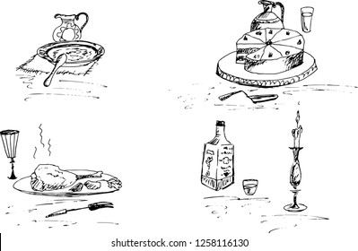   Served dishes. Vector illustration.