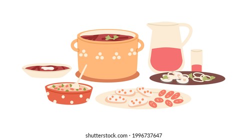 Sirve platos festivos de la cocina rusa tradicional. Comida de vacaciones con comida nacional en Rusia. Borsch, arenque, pan con caviar y ensalada. Ilustración vectorial plana aislada en fondo blanco