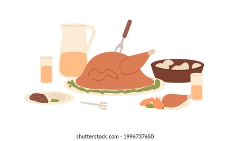 Served Festive Meal, Roast Turkey And Vegetables For Thanksgiving. American Holiday Dishes. Composition Of English Food And Drink. Colored Flat Vector Illustration Isolated On White Background