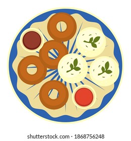 Served food in diner. Isolated icon of plate with fried onion rings or bagels. Cheese or sour cream with green leaves or basil. Bbq or ketchup sauce. Recipe for restaurant menu. Vector in flat style