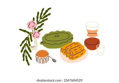 Served food and drink. Corn cob and tea, flower vase composition. Sweet maize vegetables and juice for dinner. Snack, vegetarian eating, meal. Flat vector illustration isolated on white background