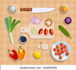 Served fresh vegetables for salad on the table.  Vector illustration. Flat design.