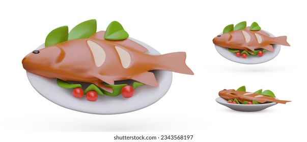 Served fried fish with seasonings. 3D dorado, sea bream on plate. Set of vector illustrations with shadows. Color icon set for culinary site, application, game