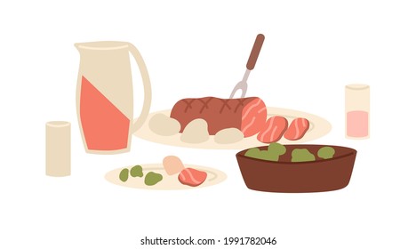 Served meal for dinner. Balanced food, festive meat dish and vegetables. Bowl of broccoli, plate with beef steak, glass of juice. Colored flat vector illustration isolated on white background