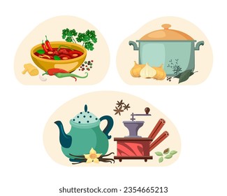 Served meals with various seasonings vector illustration. Pepper soup, cooking pot with garlic, teapot with cinnamon and spice grinder. Herbs and spices, cuisine, food concept