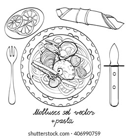 Served molluscs set on the plate with tagliatelle pasta.Vector illustration. Black and white linear graphic. Easy to scale. Perfect for restaurant business, decorating, textile printing etc.