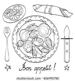 Served molluscs set on the plate.Vector illustration. Black and white linear graphic. Easy to scale. Perfect for restaurant business, decorating, textile printing etc.