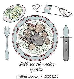 Served mollusks set on the plate with tagliatelle pasta.Vector illustration. Pastel colors linear graphic. Easy to scale. Perfect for restaurant business, decorating, textile printing etc.