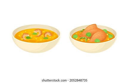 Served on Plate Dish with Chicken Broth and Vegetable Corn Soup with Shrimp Vector Set