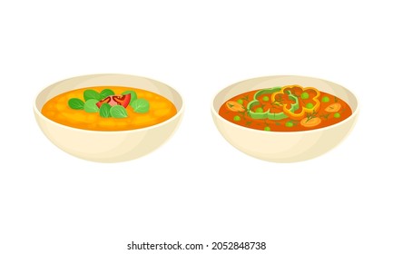 Servi sur Plat Dish avec Soupe de légumes crémeux avec pois verts et ensemble d'images vectorielles de tomates