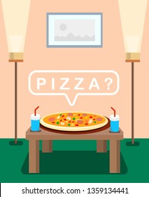 Served Pizza on Table Color Vector Illustration. Pepperoni on Wooden Board. Soda, Soft Drinks. Takeaway Cups with Straws. Party Preparation. Text in Speech Bubble. Takeout Food for Dinner