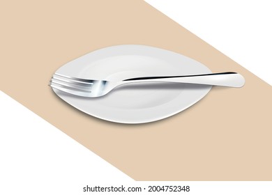 Served plate with a fork on a beige canvas with a shadow. 3D vector illustration of the design of the restaurant, cafe.