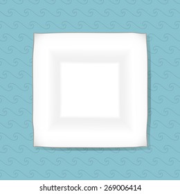 The served square white plate in modern style on light turquoise background drawn manually 