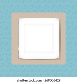 The served square white plate in modern style on a beige napkin on a light turquoise background drawn manually 