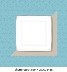 The served square white plate in modern style on a beige napkin on a light turquoise background drawn manually 
