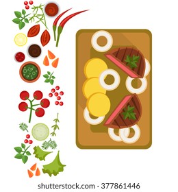 Served Steak on Plate. Flat Vector Illustration