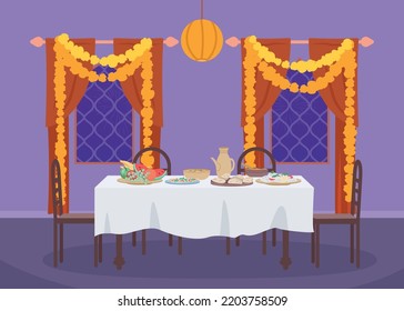 Served table for Diwali dinner flat color vector illustration. Traditional Indian holiday. Religious festival. Fully editable 2D simple cartoon interior with home interior on background