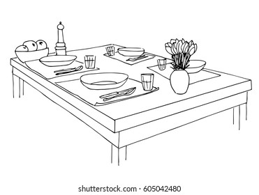 Served table. Plates, glasses, knives, forks and a vase with flowers on the table. Hand drawn sketch of the table. Vector illustration.