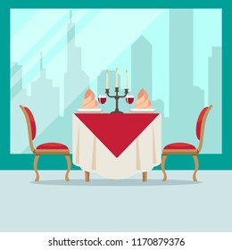 Served table in restaurant in flat style cafe. Soft chairs, wine, napkins, candlestick and city background. Table for two people. Romantic atmosphere in a restaurant for a date. Vector illustration.