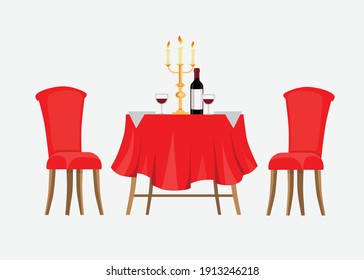 Served table in restaurant in flat style cafe. Soft chairs, wine, napkins and candlestick. Table for two people. Romantic atmosphere in a restaurant for a date. Vector illustration.