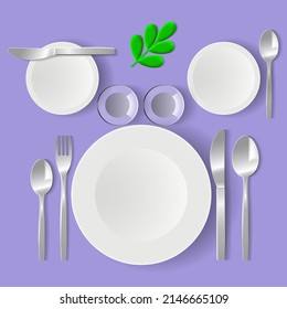 Served table, top view. Serving of table with realistic plates, cutlery and glasses. Classic banquet table setting. Vector illustration