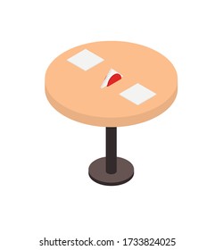 Serviert Tisch für zwei Personen, um in das Innere eines Cafés, Cafés oder zu Hause eingebettet zu werden. Isometrischer Vektor isoliertes Objekt auf weißem Hintergrund.