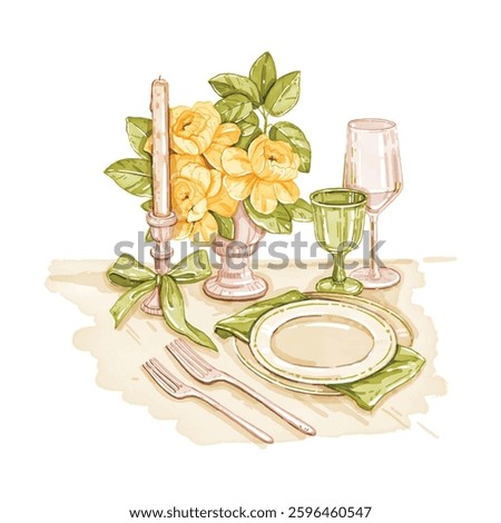 Served table watercolor illustration, vector wedding invitation design, vintage anniversary card. Holiday dinner greeting decor, plate, wine glass, flower vase bouquet. Restaurant served table print
