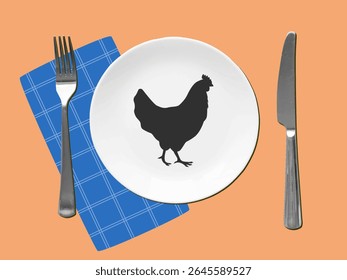 Served table - white plate with a chicken black silhouette, fork knife and napkin, top view. Modern collage style. Vector illustration