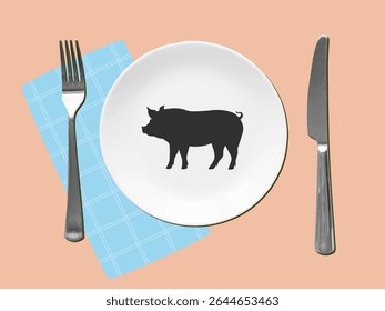 Served table - white plate with a pig black silhouette, fork knife and napkin, top view. Modern collage style. Vector illustration