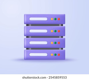 Ícone do servidor 3D. Design 3D de cor roxa minimalista do data center, hospedagem na Web e armazenamento em nuvem. Conceito 3D de tecnologia de armazenamento em nuvem, ilustração vetorial.