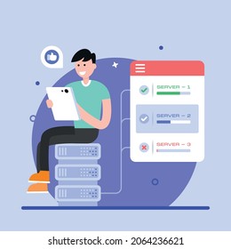 Server Admin Checking Server Status, Flat Illustration 