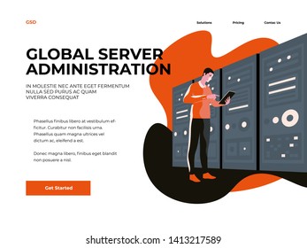 Server Administrator IT Technician Works on Tablet in Server Cabinet Room in Big Data Center. Landing page concept. Landing page concept.