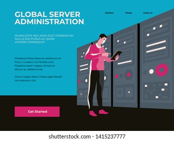 Server Administrator IT Technician Works on Tablet in Server Cabinet Room in Big Data Center. Landing page concept. Landing page concept.