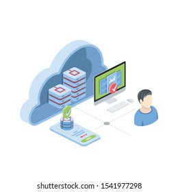 Server, big data, computer, security mobile, user. Vector 3d isometric, color web icon, new flat style. Creative illustration design, idea for infographics.
