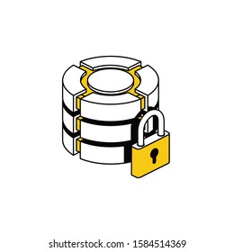 Server big data lock. Vector line, 3d stroke isometric, color web icon, new flat style. Creative illustration design, abstract idea for infographics.