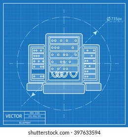 server cabinets vector blueprint icon. Super computer web UI symbol. Big data calculations illustration