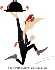 Server carries a cloche serving plate. Cartoon running man holds a tray with a cloche serving plate. Isolated on white background	
