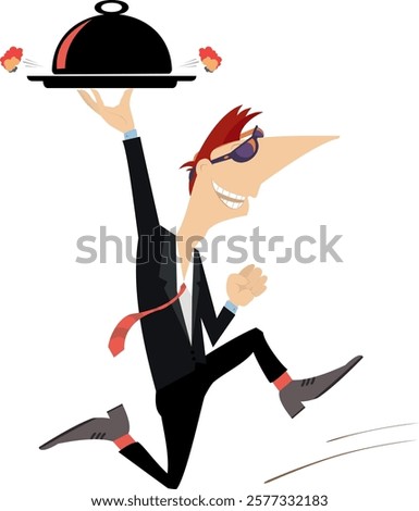 Server carries a cloche serving plate. Cartoon running man holds a tray with a cloche serving plate. Isolated on white background	