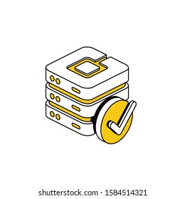 Server checkmark. Vector line, 3d stroke isometric, color web icon, new flat style. Creative illustration design, abstract idea for infographics.