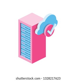 Server cloud check mark 3d vector icon isometric pink and blue color minimalism illustrate