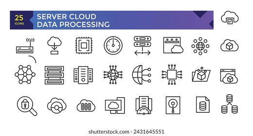 Server Cloud computing and data processing icon set, cloud services, server, cyber security, digital transformation. Outline icon collection.