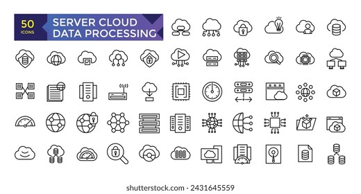 Server Cloud computing and data processing icon set, cloud services, server, cyber security, digital transformation. Outline icon collection.