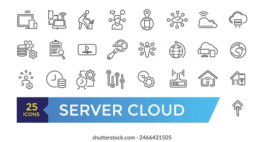 Server Cloud and data exchange icon set. Related to traffic, files, cloud, server. Outline icon collection. Editable stroke. Vector illustration