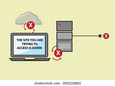 Server and cloud failure. Cannot connect to internet. Editable Clip Art.