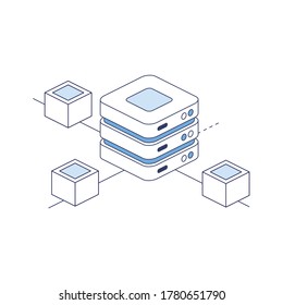 Server cloud network. Vector 3d line isometric, color web icons set, new flat style. Creative illustration, idea for infographics.